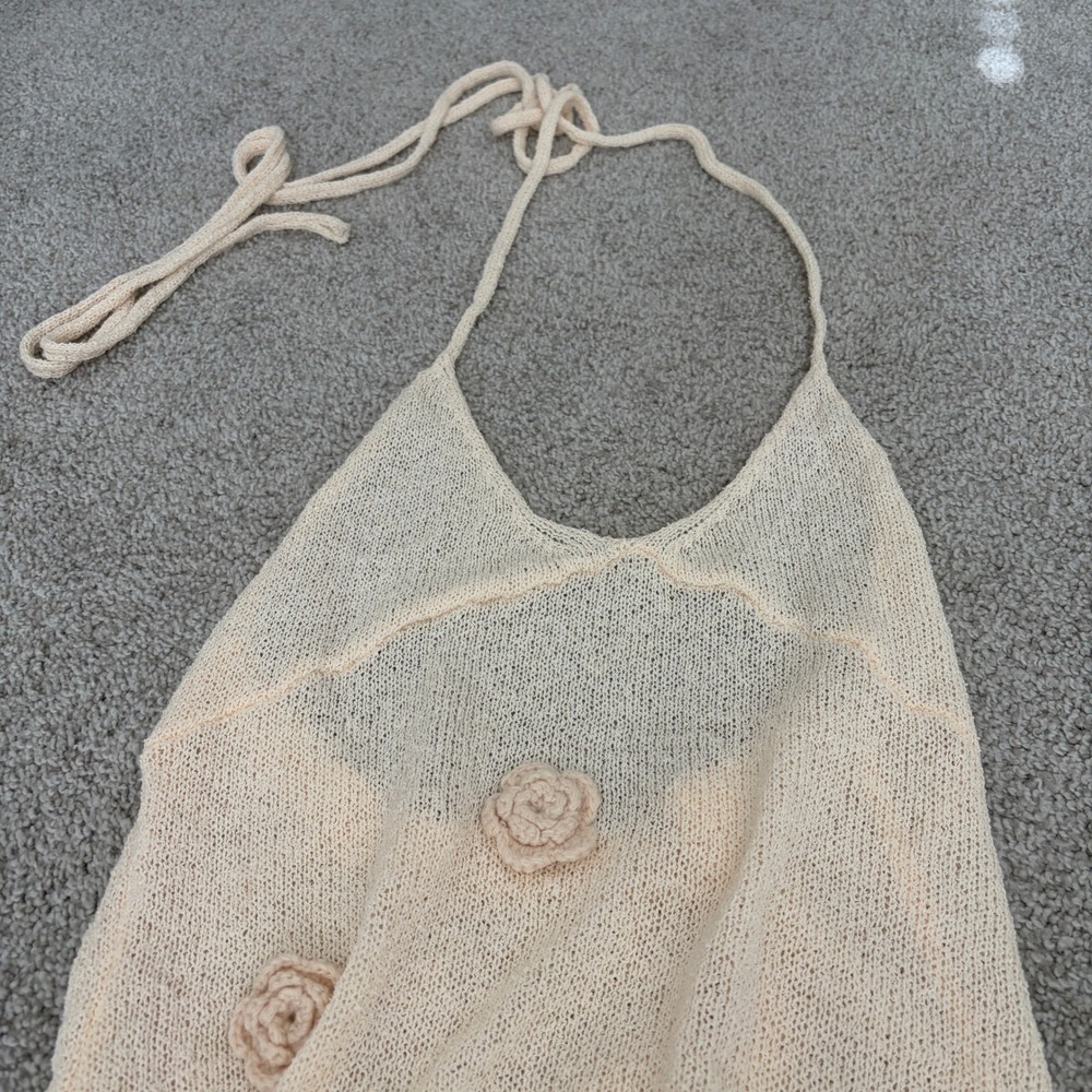 Y2K Knit Halter Maxi Dress Womens M Cream Ivory Beach Vacation Resort Indie Boho - Picture 2 of 7